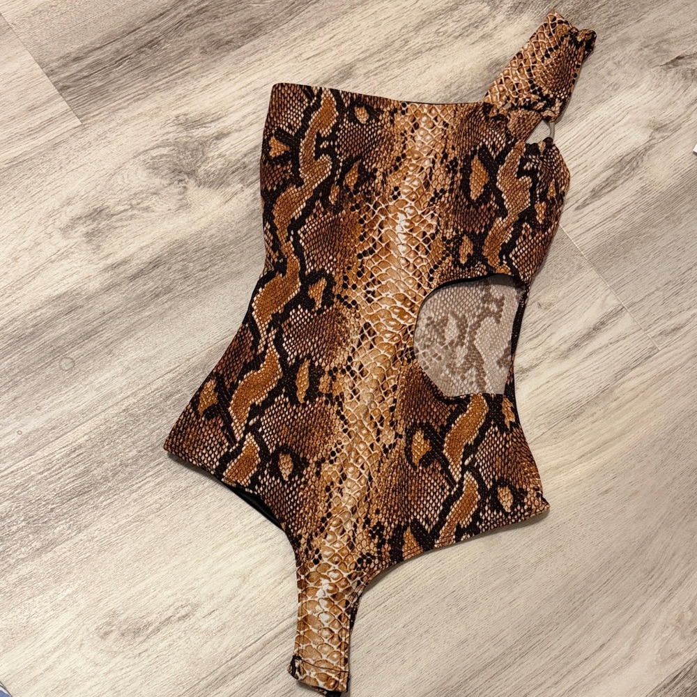 Windsor Brown Snake Print One-Shoulder Bodysuit